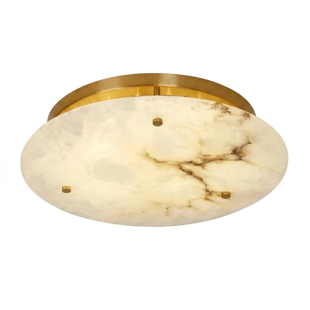 Marble ceiling light combining natural white marble and refined brass detailing on a white background