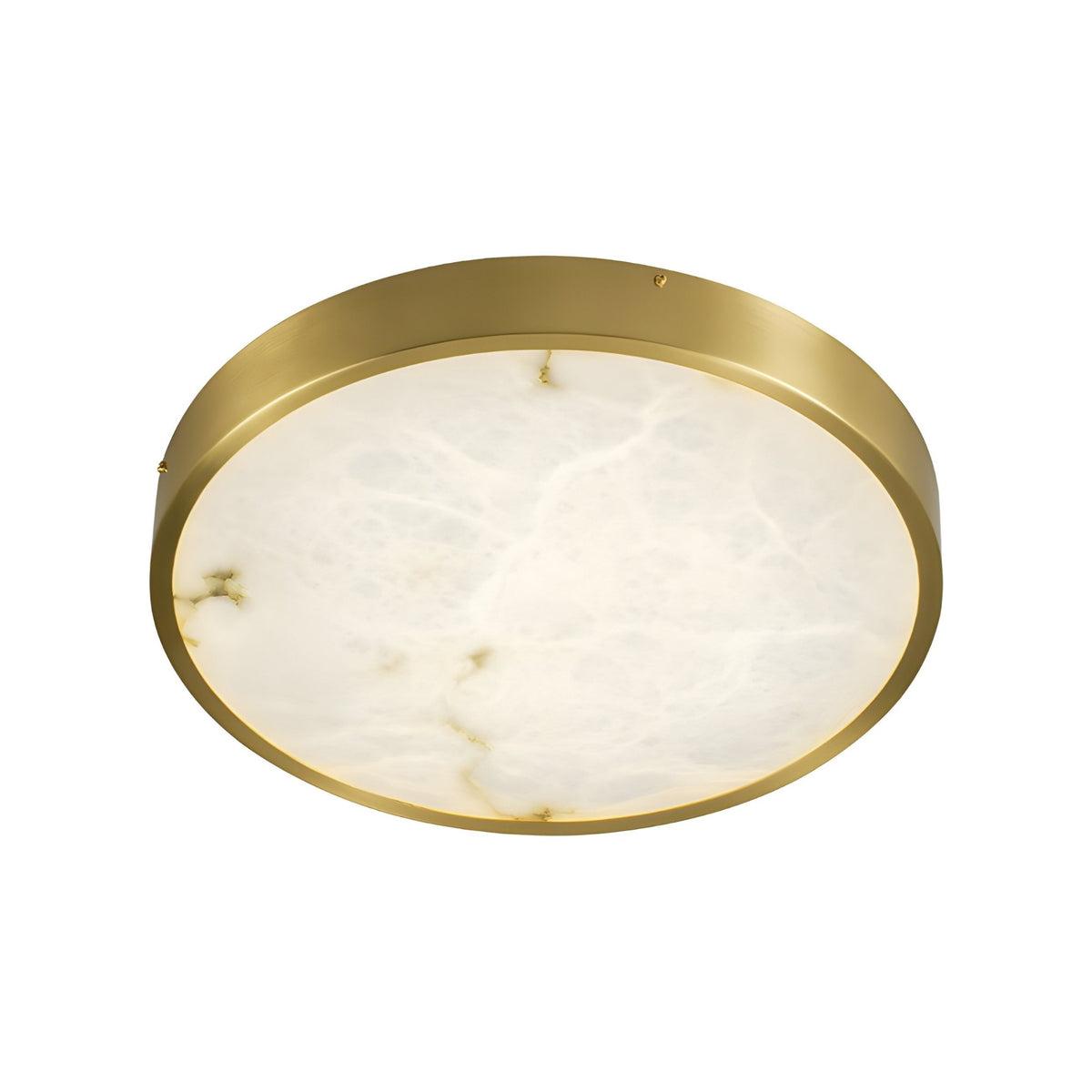 Marble ceiling light combining natural white marble and refined brass detailing on a white background