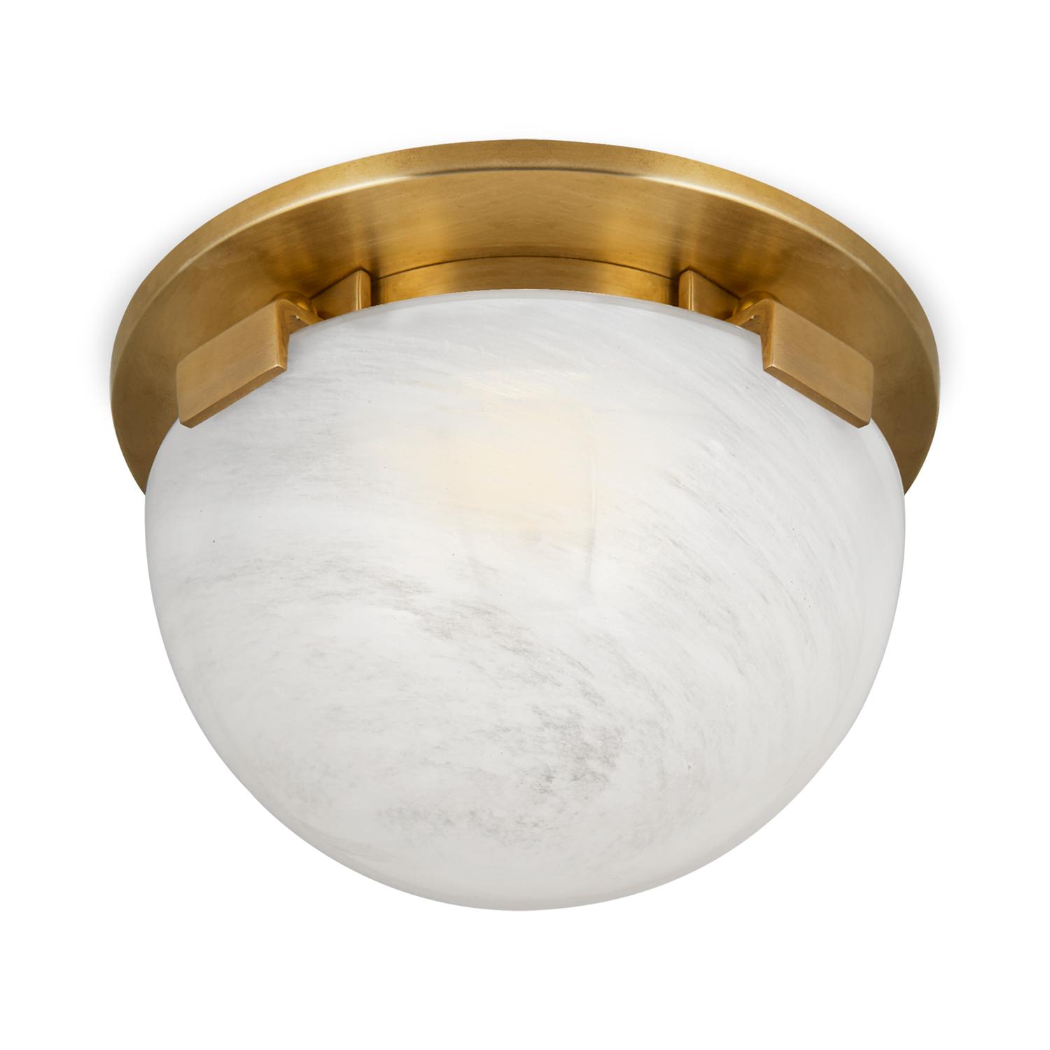 Marble ceiling light combining natural white marble and refined brass detailing on a white background