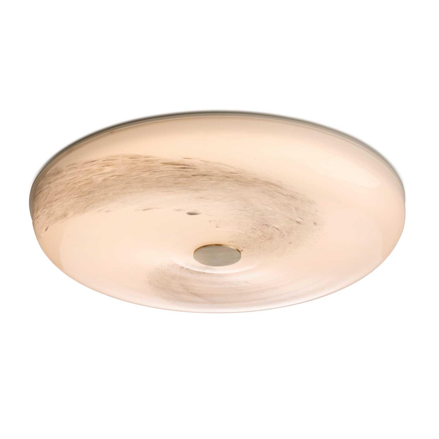 Circular ceiling light combining visible natural marble with a soft diffused glass element on a white background