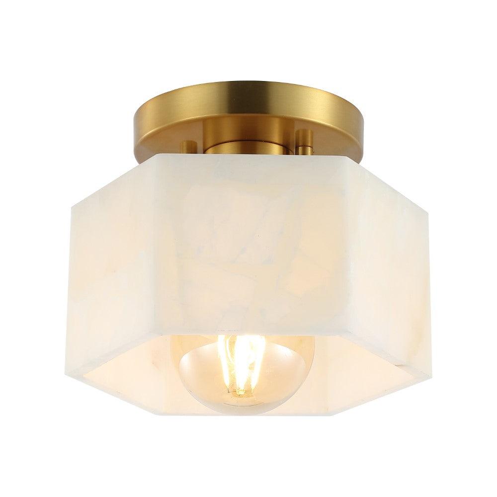 Geometric marble ceiling light with visible natural stone detailing shown from the front on a white background