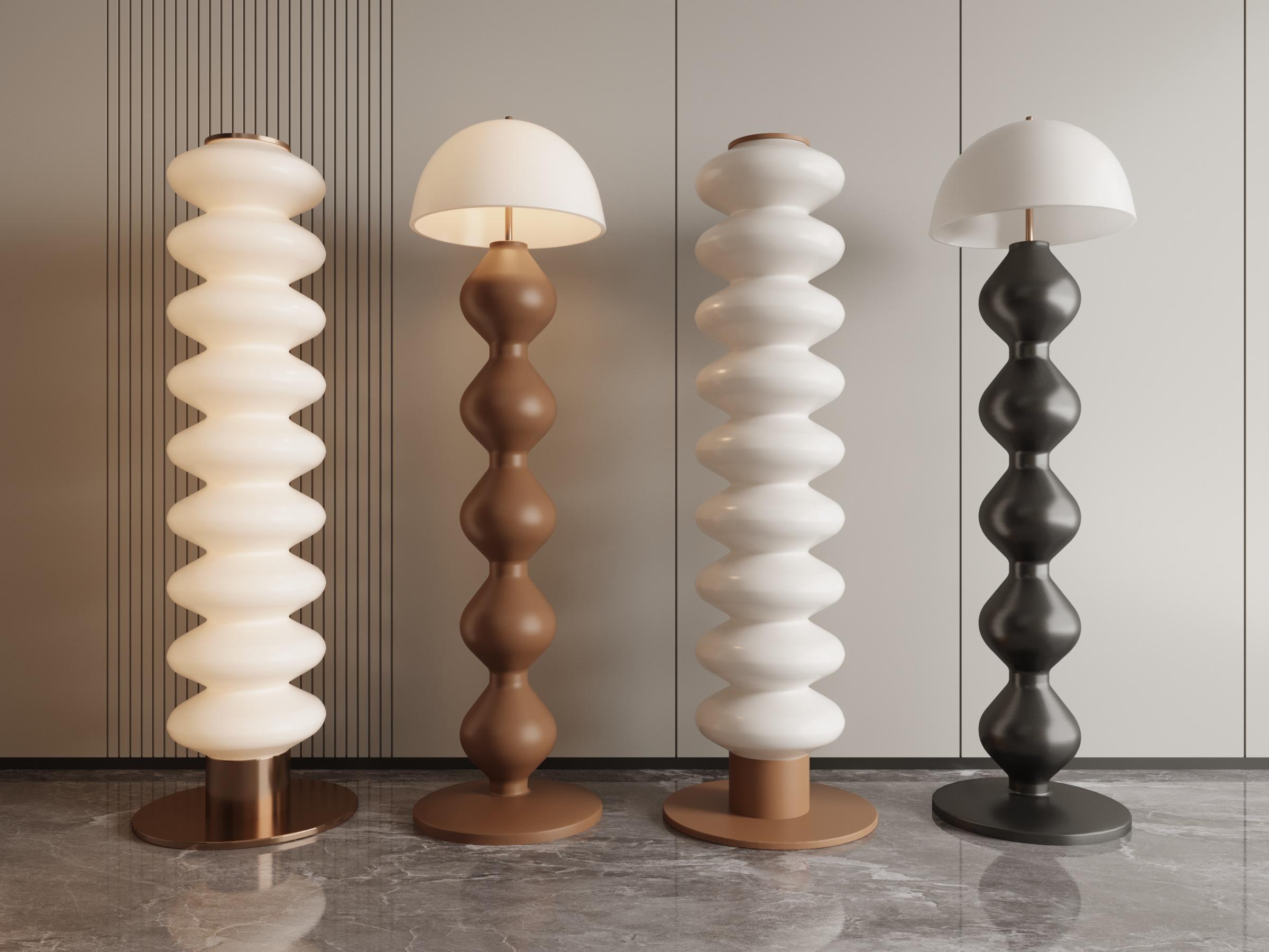 Sculptural floor lamp family with form, finish and size variations.