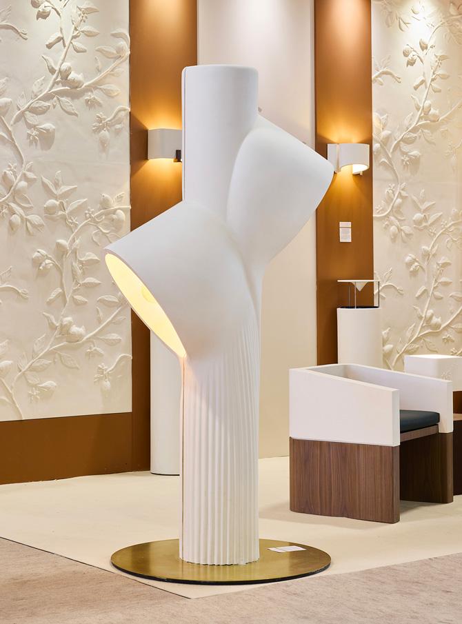 Front view of a sculptural floor lamp.