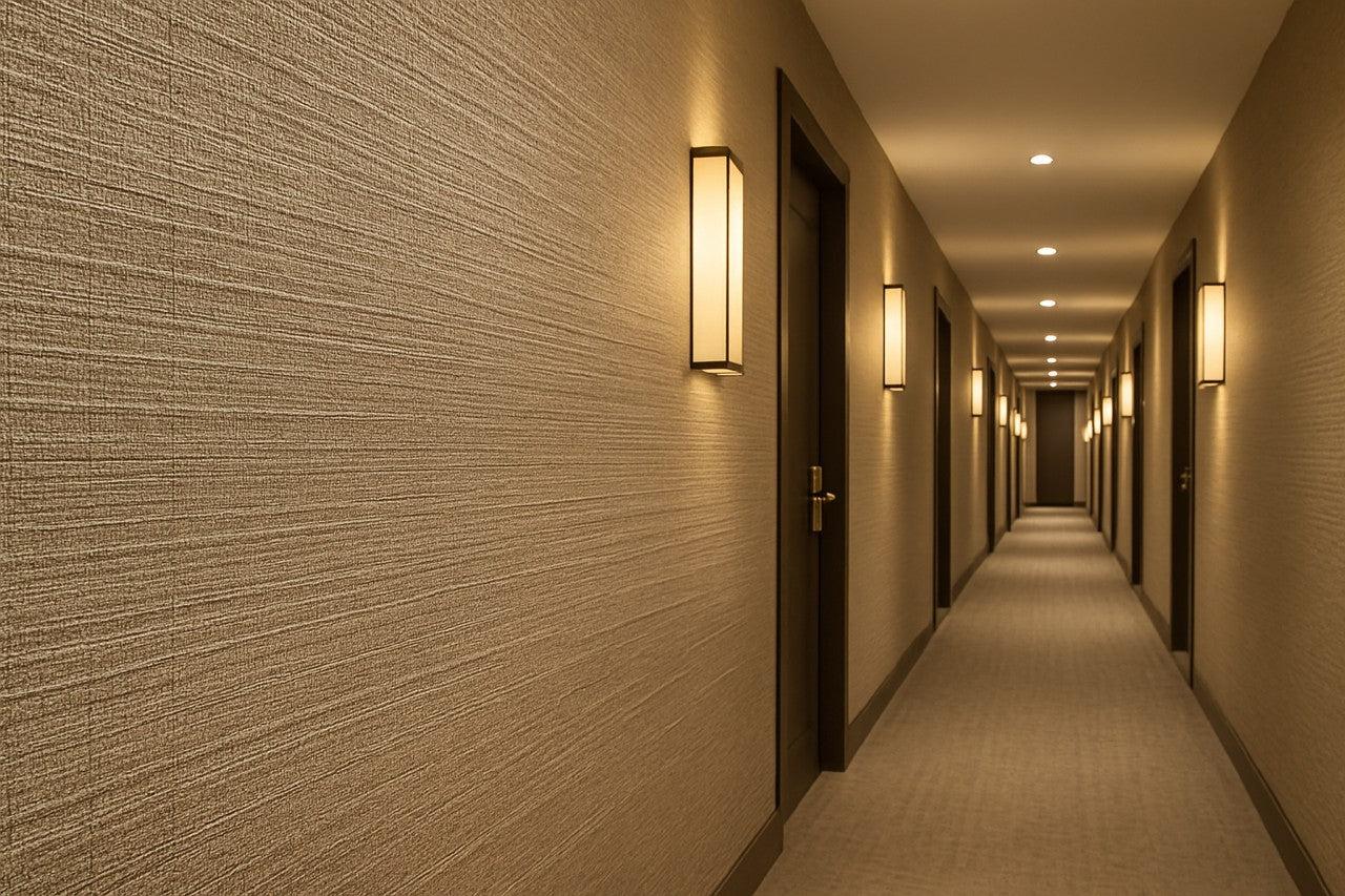 Minimal wall lamp installed in a contemporary hospitality interior.