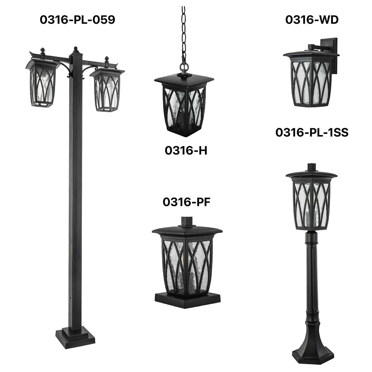 Decorative pole light family with height, finish and optical variations.