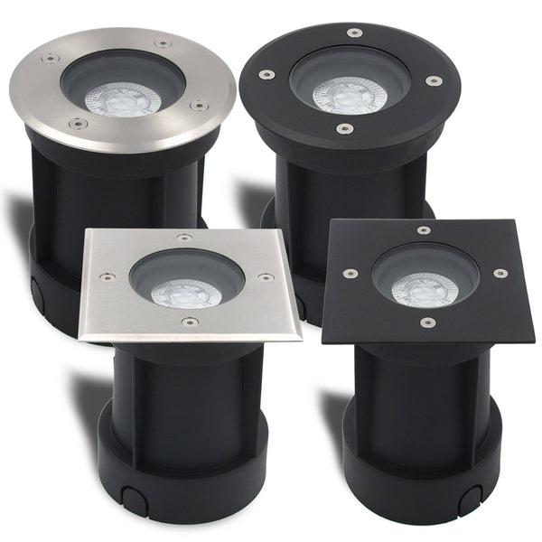 Ground recessed accent spotlight family showing alternative finishes and sizes.