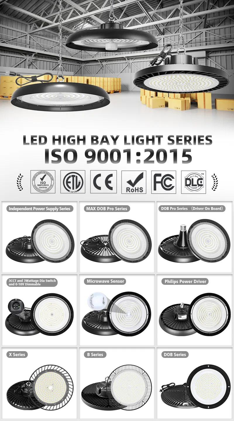 Smart highbay light family with size and configuration variations.
