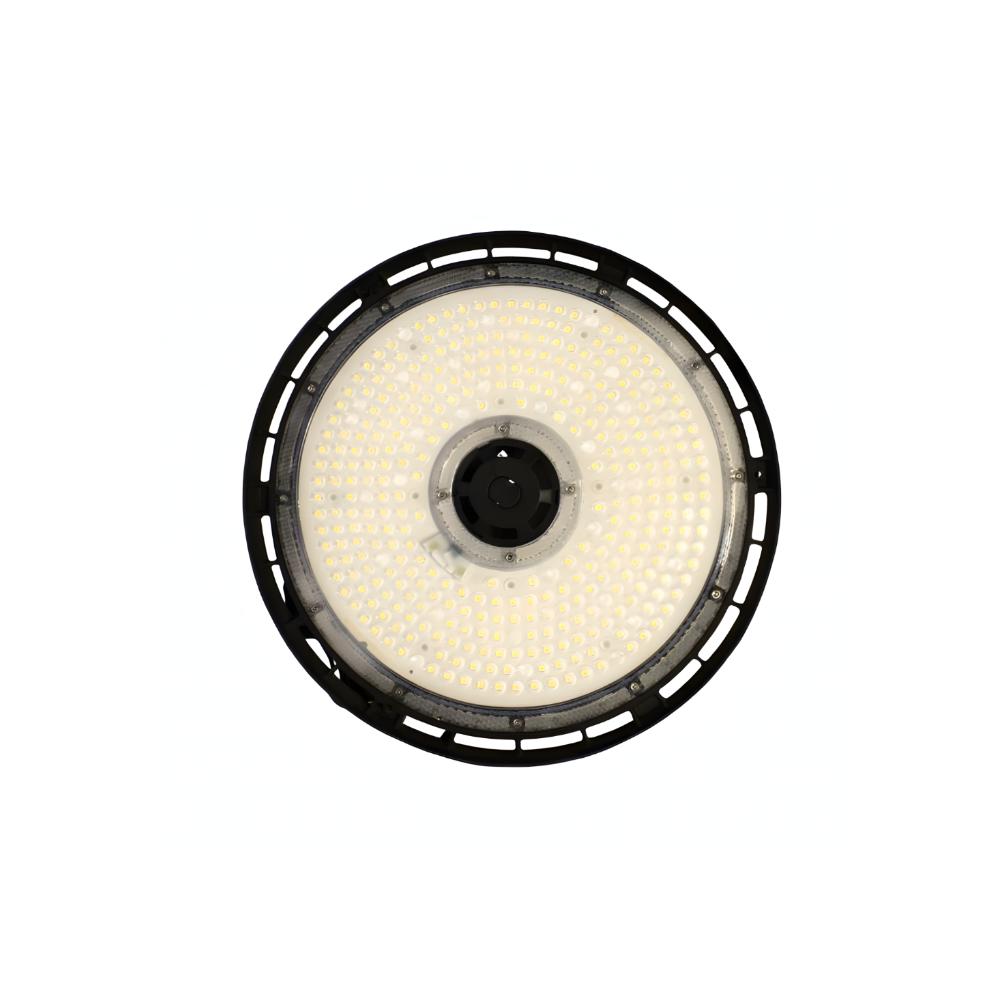 Front view of a suspended smart highbay light.