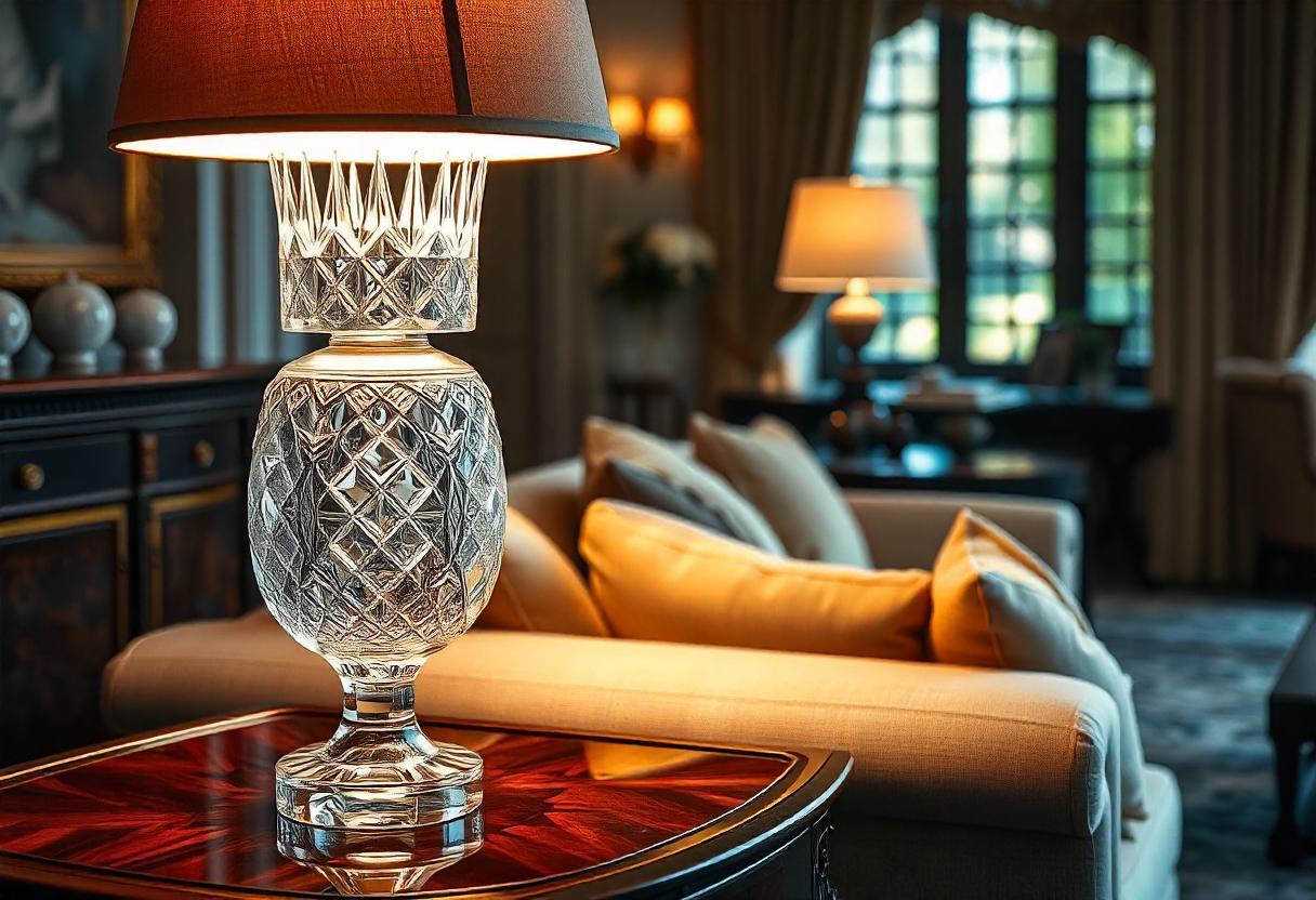Crystal table lamp displayed in a luxury hotel lobby creating sparkling reflections and sophisticated ambient lighting.