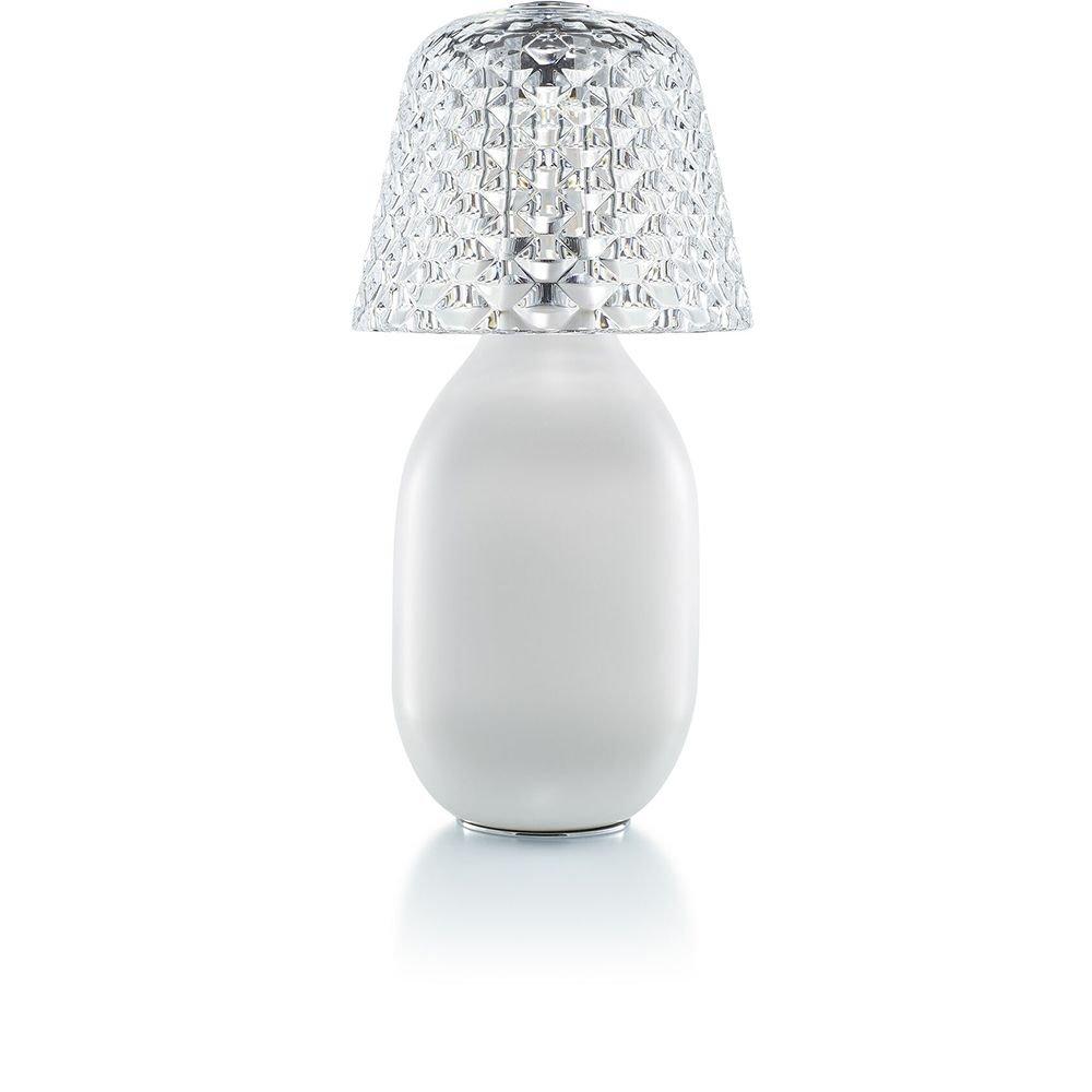 Crystal table lamp photographed on a clean white background showcasing precision-cut crystal elements and premium metal finishes.