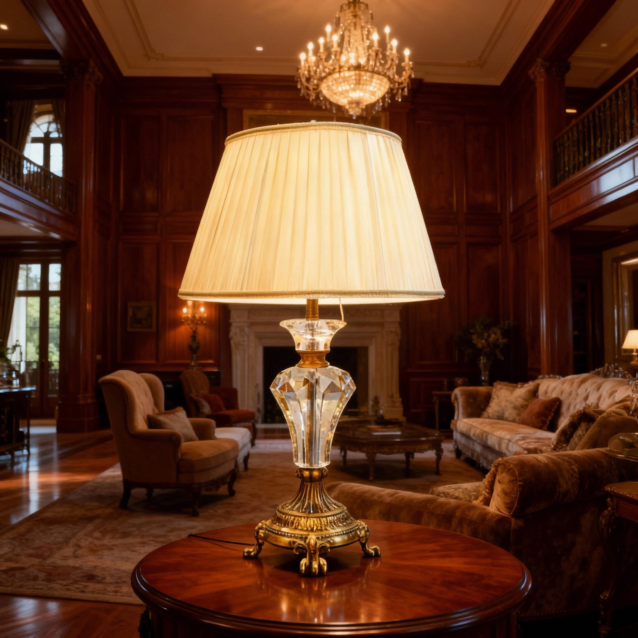 Crystal table lamp displayed in a luxury hotel lobby creating sparkling reflections and sophisticated ambient lighting.