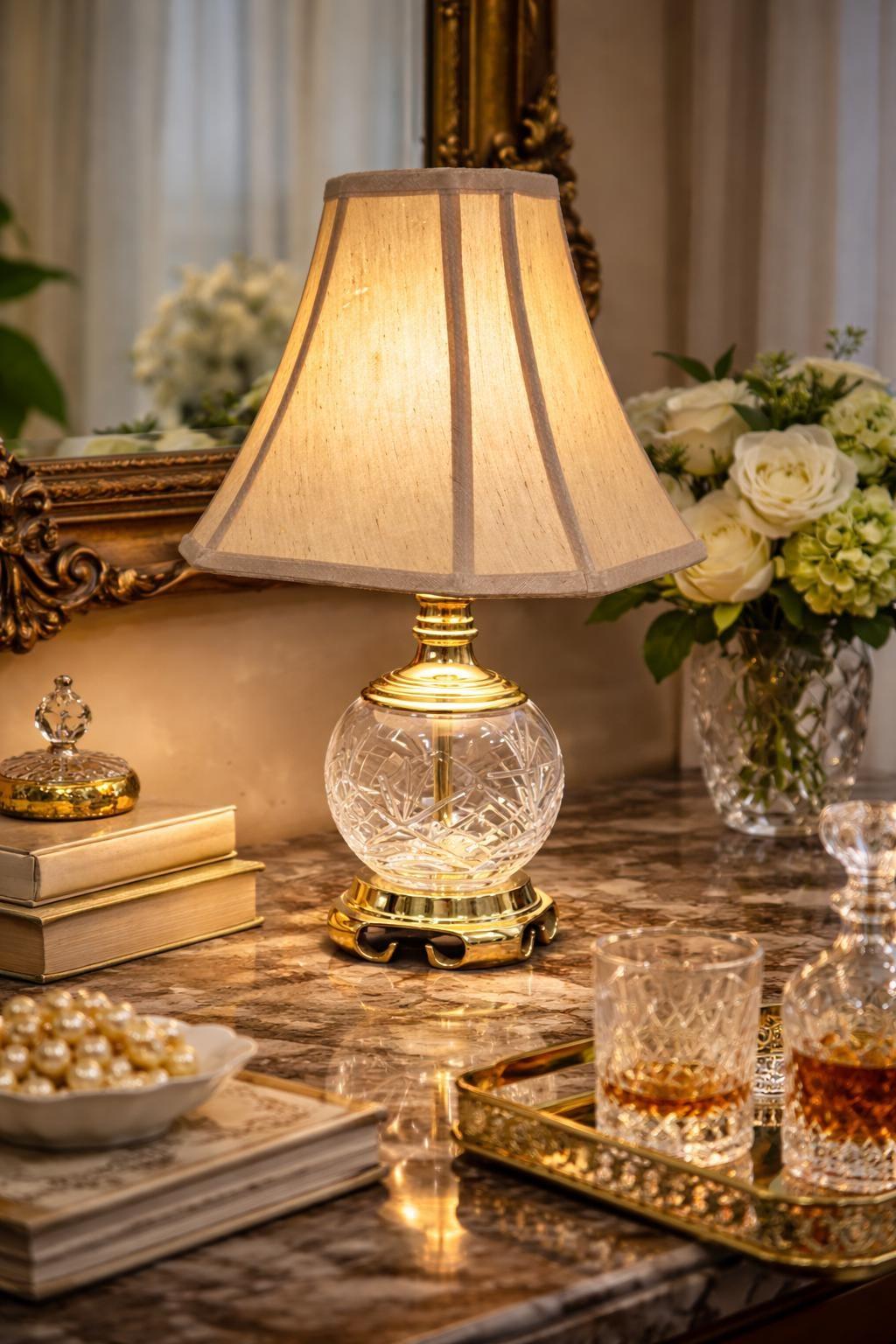 Crystal table lamp displayed in a luxury hotel lobby creating sparkling reflections and sophisticated ambient lighting.