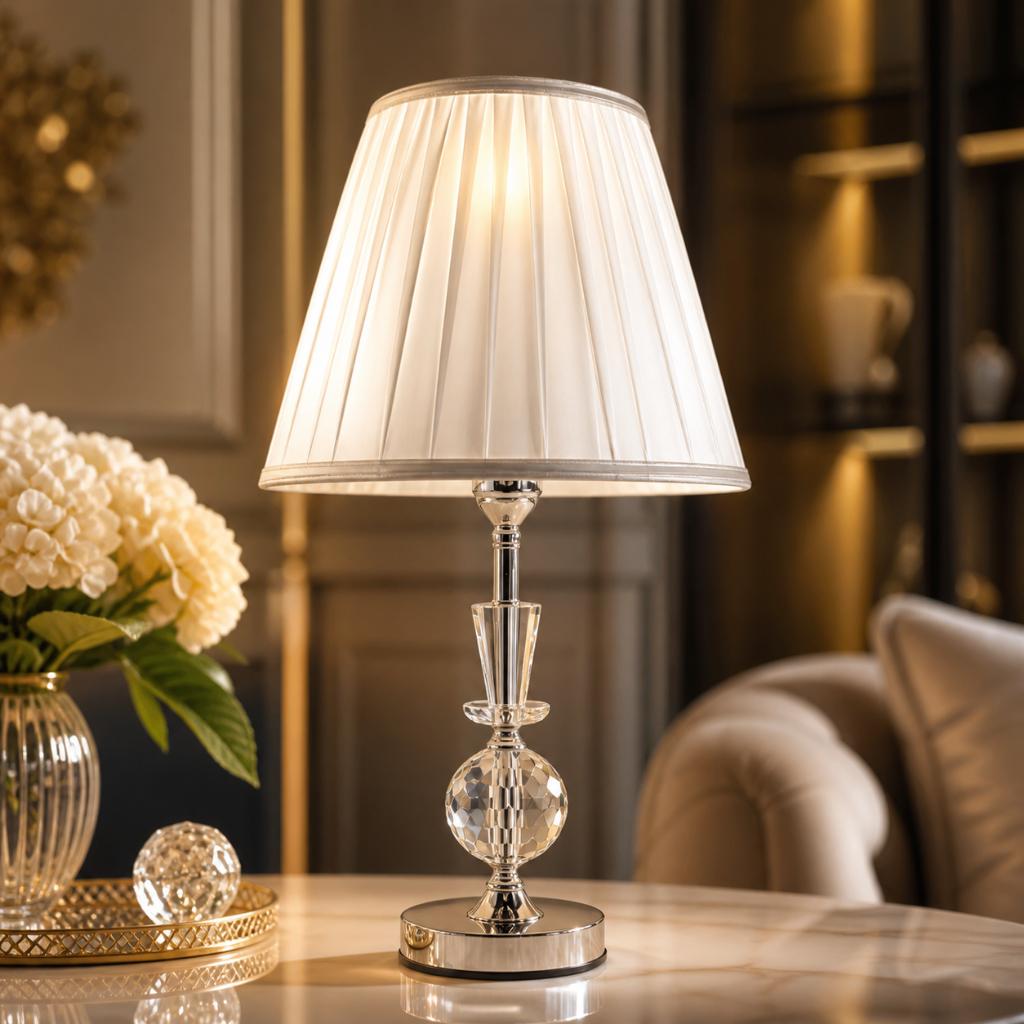 Crystal table lamp displayed in a luxury hotel lobby creating sparkling reflections and sophisticated ambient lighting.