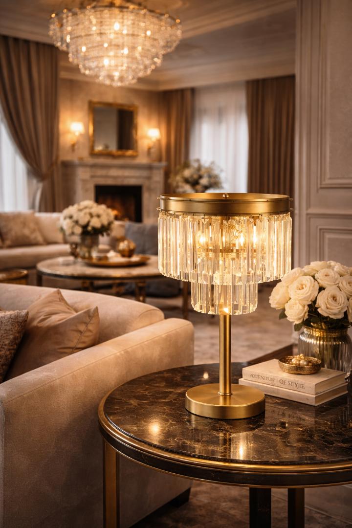 Crystal table lamp displayed in a luxury hotel lobby creating sparkling reflections and sophisticated ambient lighting.