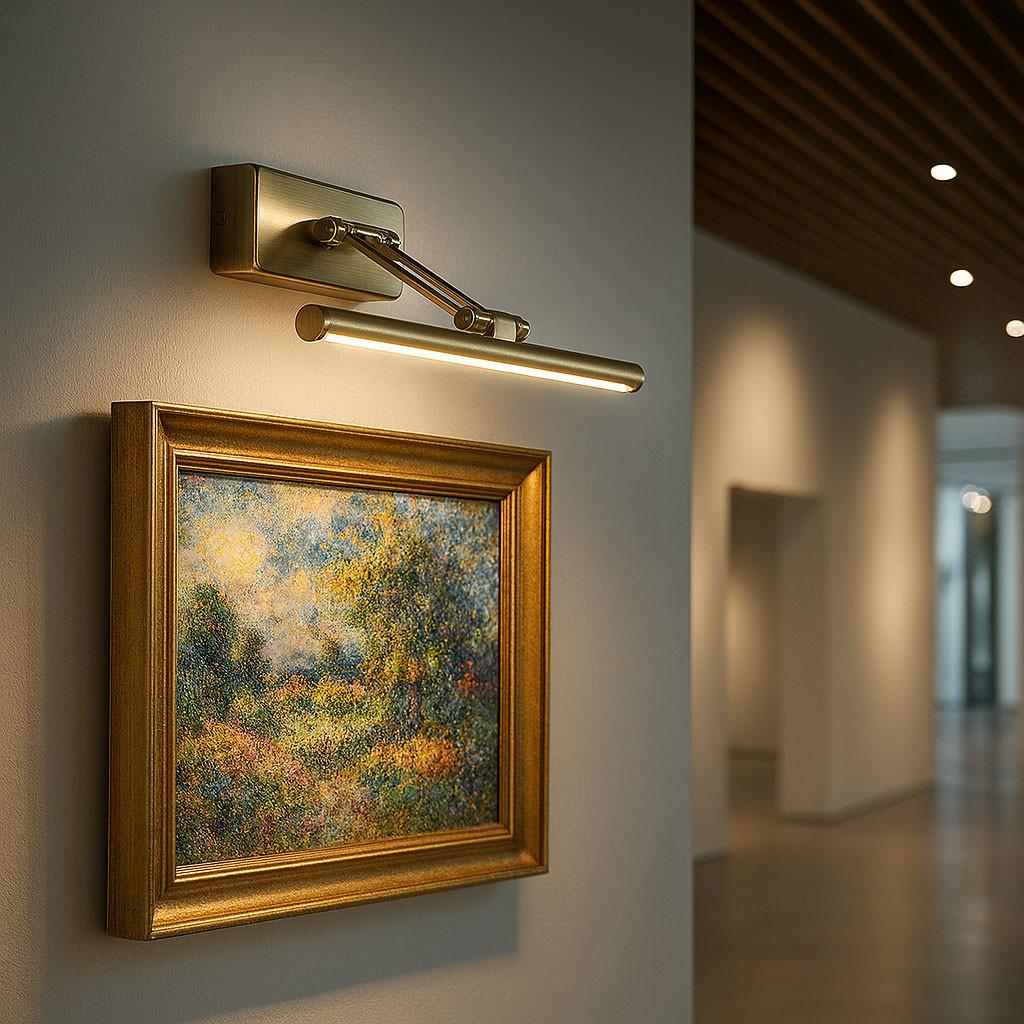 Picture wall lamp illuminating artwork inside a luxury gallery and hospitality interior.