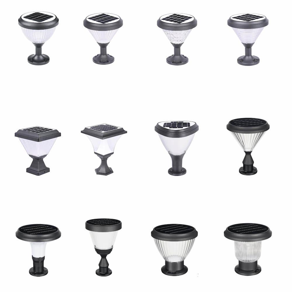 Solar garden light family with different heights, solar panel configurations and finishes.