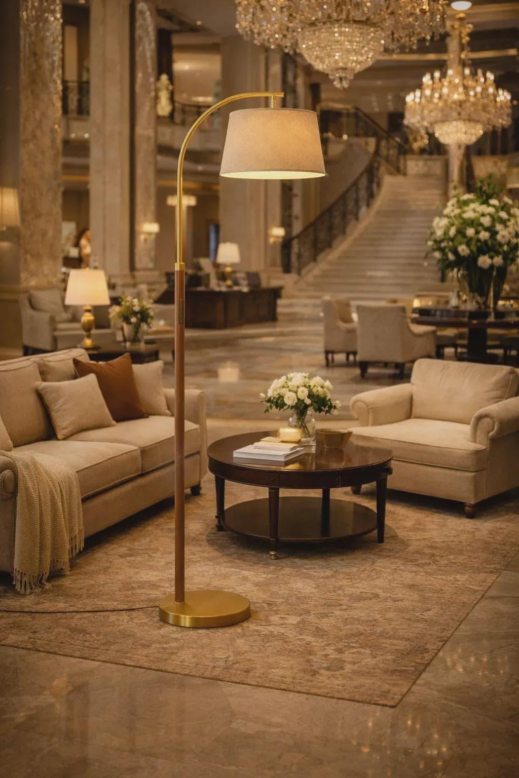 Luxury floor lamp positioned in a five-star hotel lobby creating warm ambient lighting and an elegant architectural focal point.