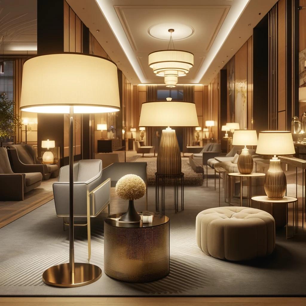 Luxury floor lamp positioned in a five-star hotel lobby creating warm ambient lighting and an elegant architectural focal point.