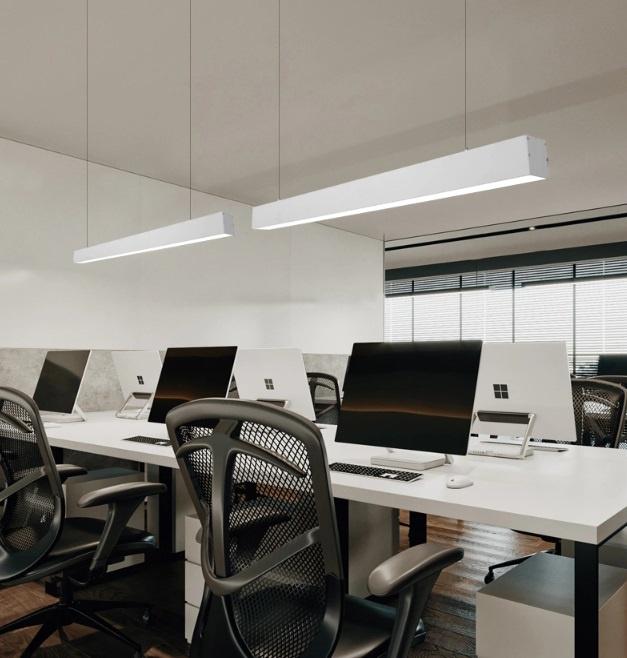 Suspended linear lights installed in a contemporary office environment.