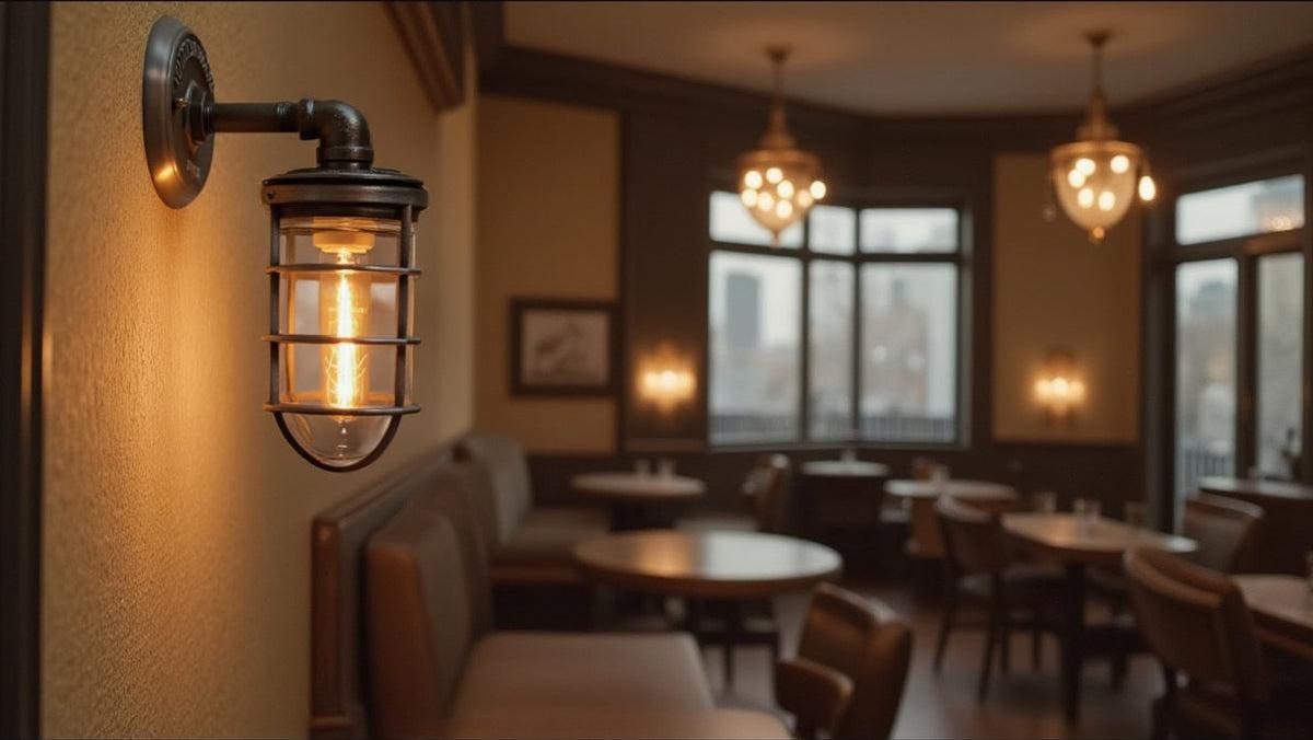 Cage wall lamp installed in a contemporary hospitality interior with industrial architectural styling.