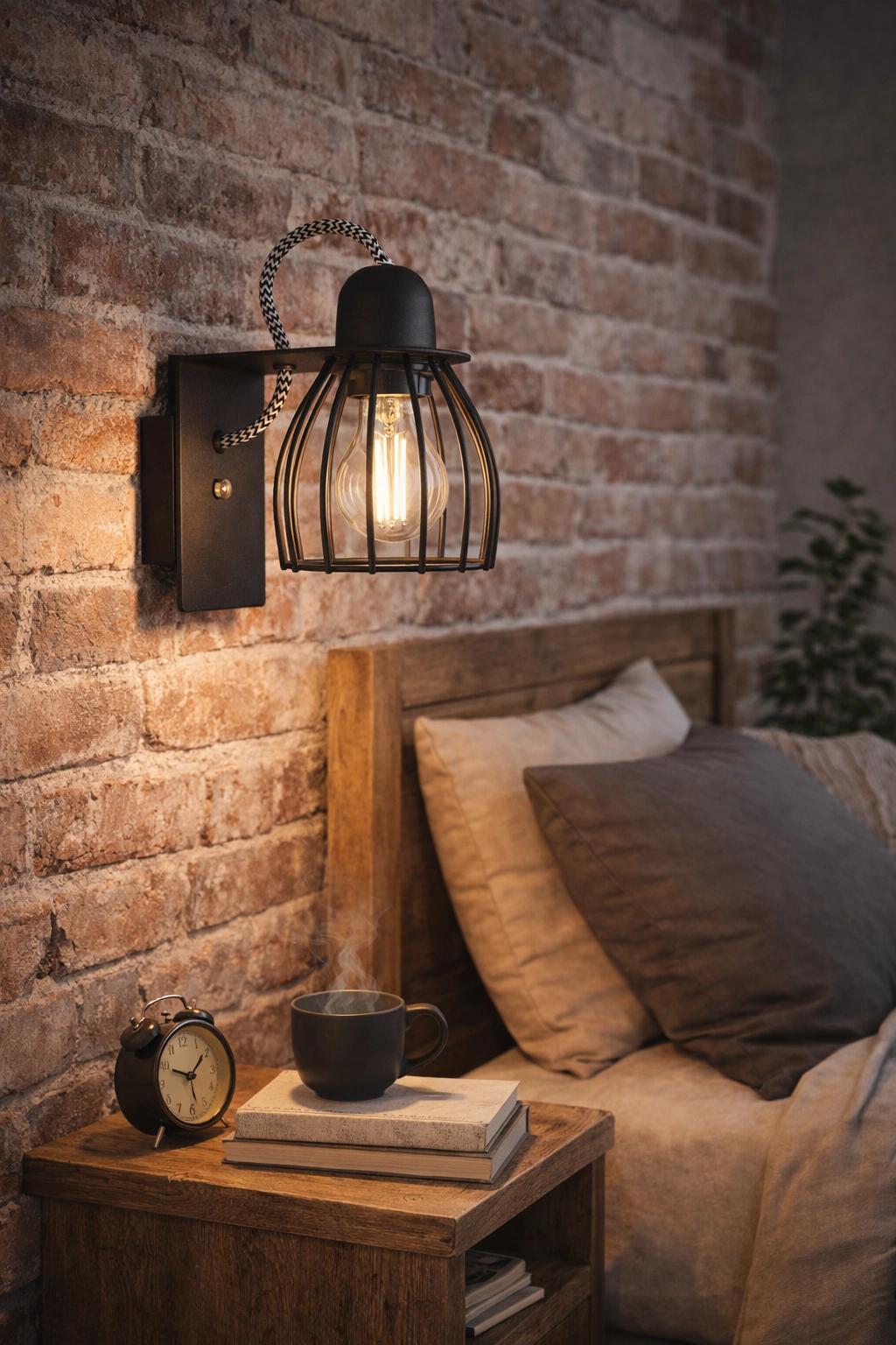 Cage wall lamp installed in a contemporary hospitality interior with industrial architectural styling.