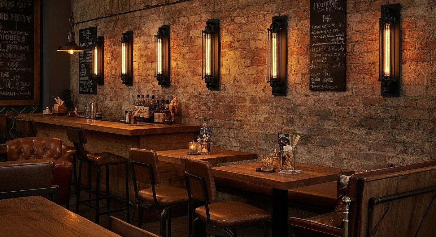 Cage wall lamp installed in a contemporary hospitality interior with industrial architectural styling.