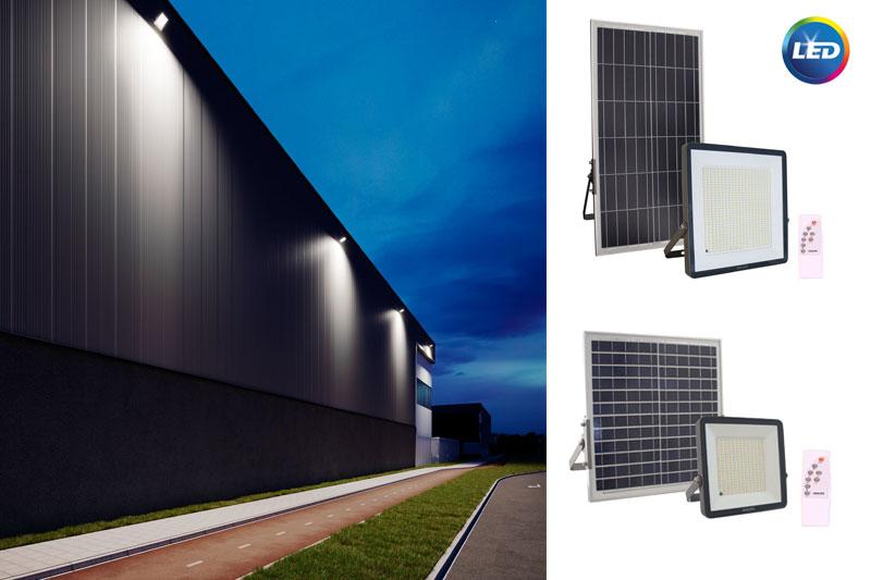Solar floodlight family with different power ratings, solar panel configurations and battery capacities.