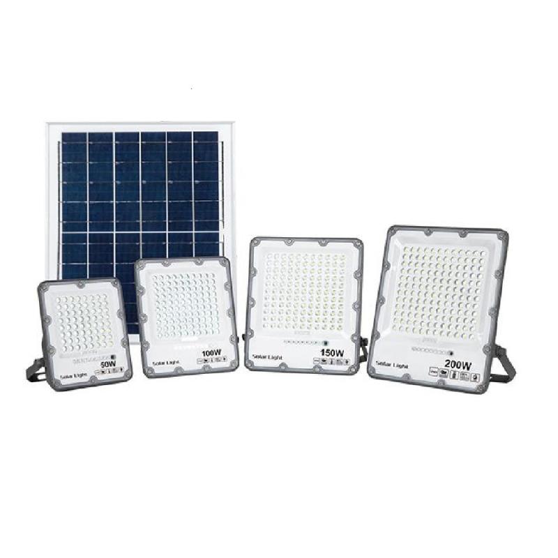 Solar floodlight family with different power ratings, solar panel configurations and battery capacities.