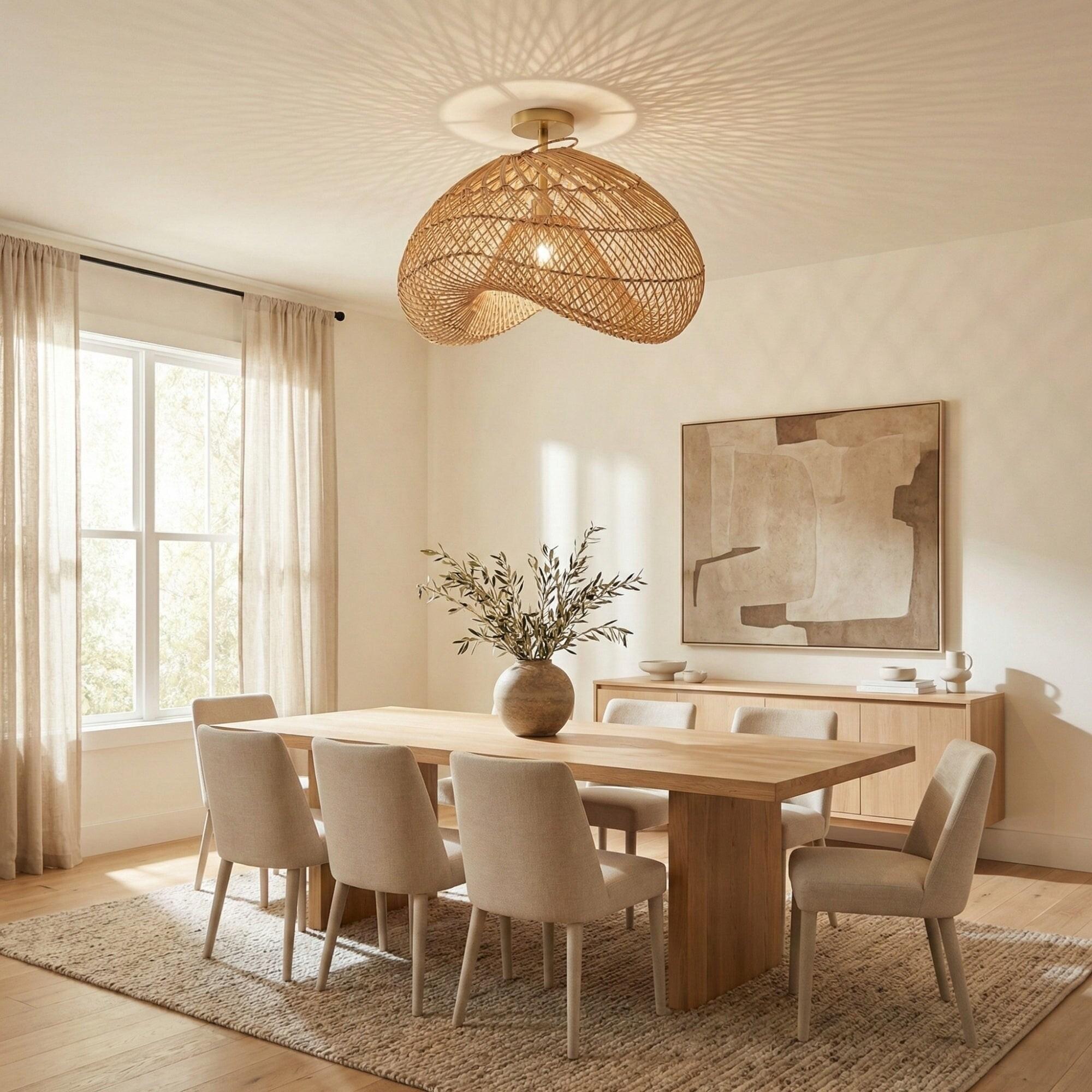 Woven natural fibre ceiling light in a contemporary residential interio