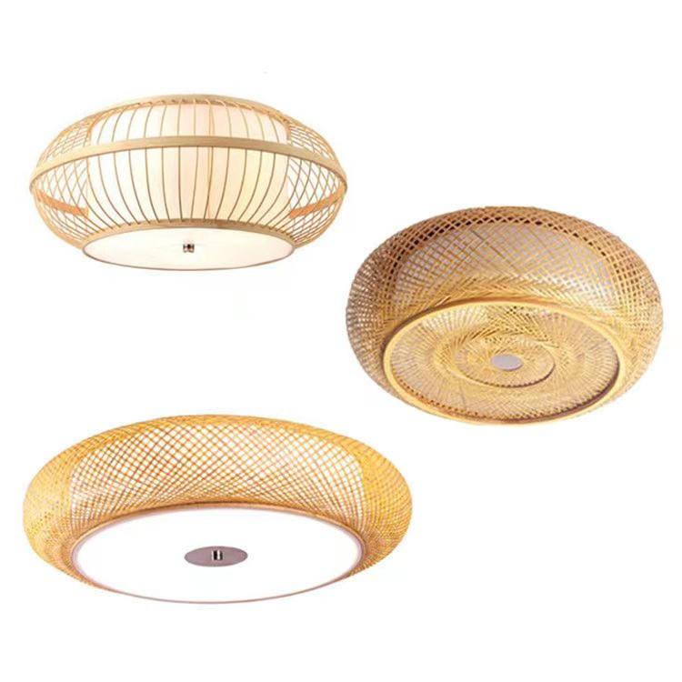 Collection of woven rattan ceiling lights in different natural fibre forms