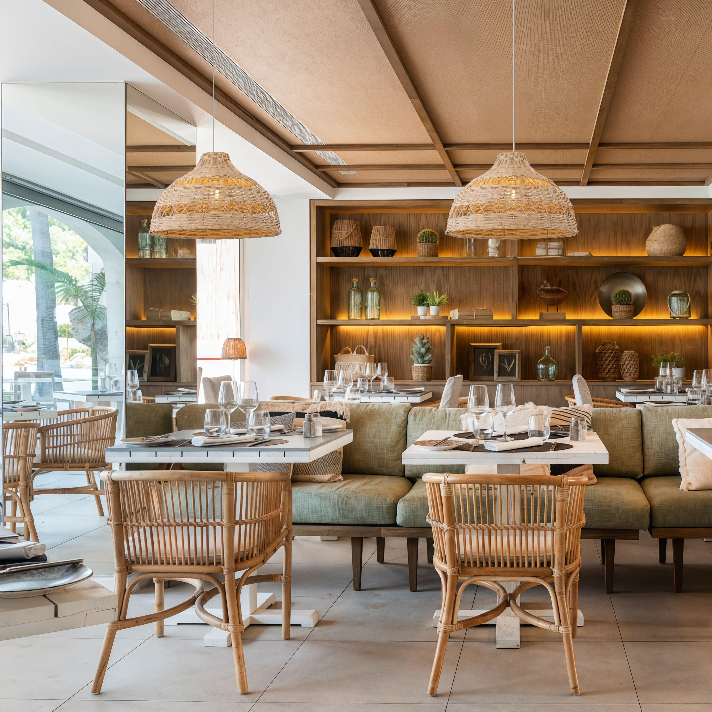Woven rattan ceiling lights used in a warm boutique hospitality interior