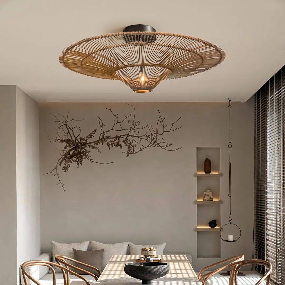 Woven rattan ceiling lights used in a warm boutique hospitality interior