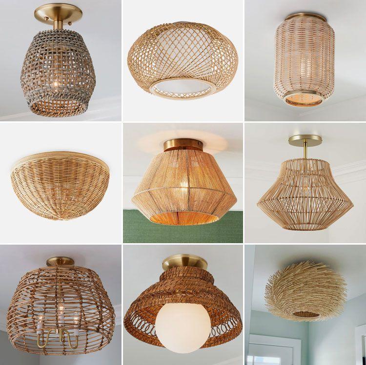 Collection of woven rattan ceiling lights in different natural fibre forms