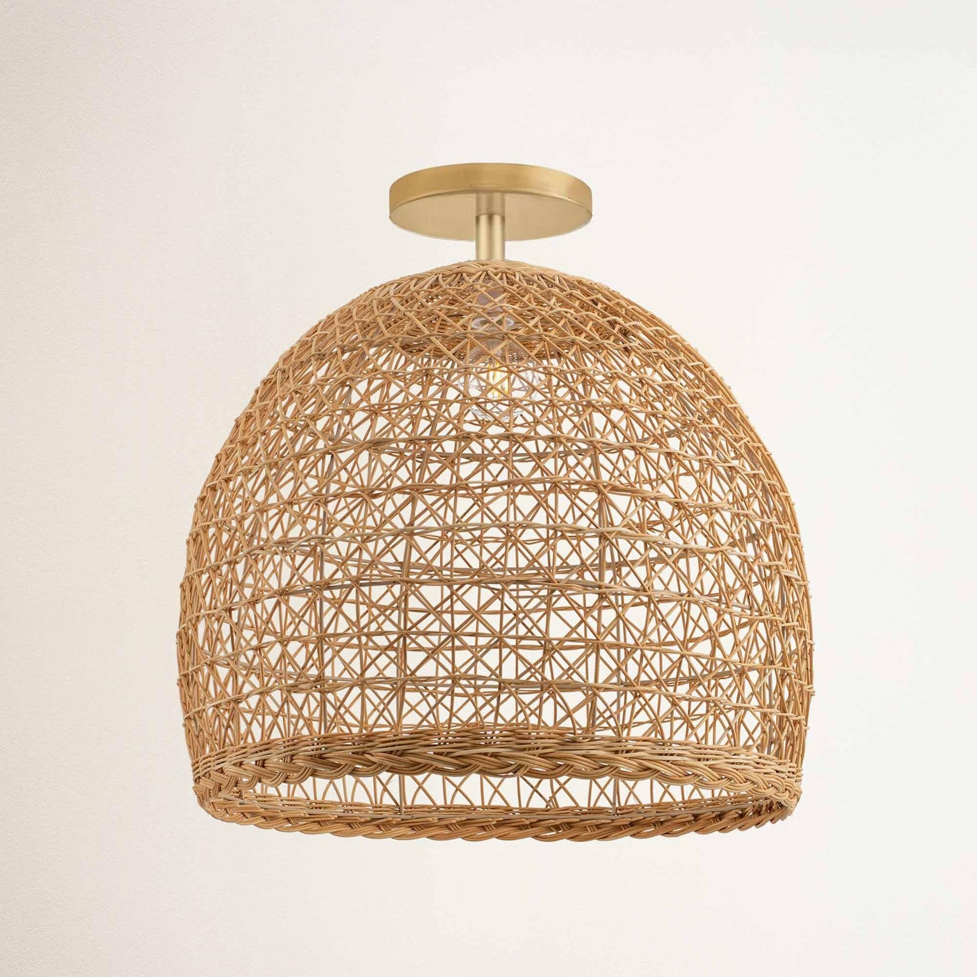 Front view of a structured woven natural fibre ceiling light