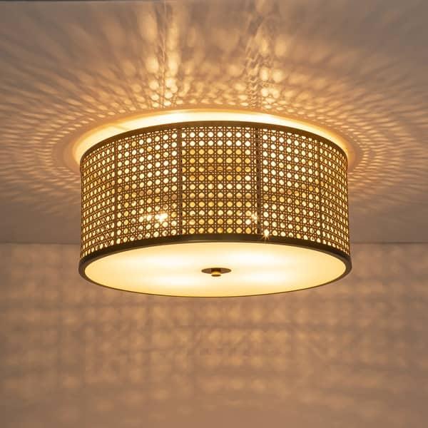 Woven natural fibre ceiling light in a contemporary residential interio