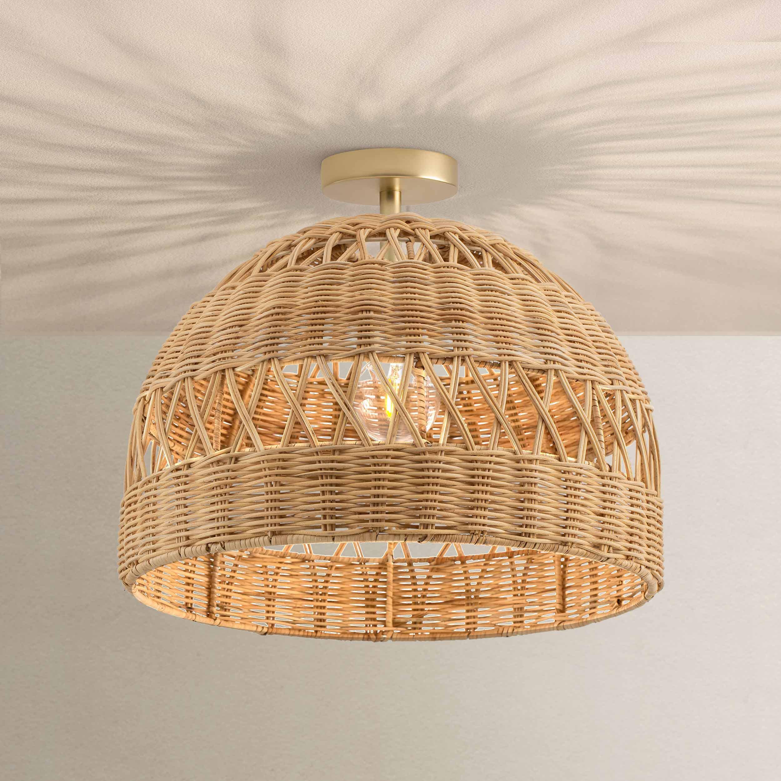 Woven natural fibre ceiling light in a contemporary residential interio