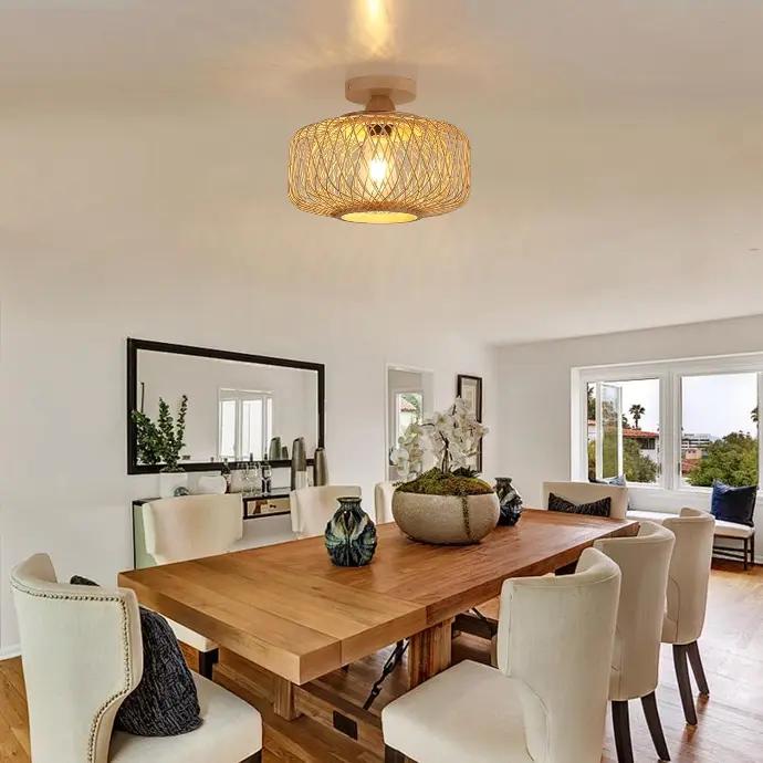 Woven natural fibre ceiling light in a contemporary residential interio