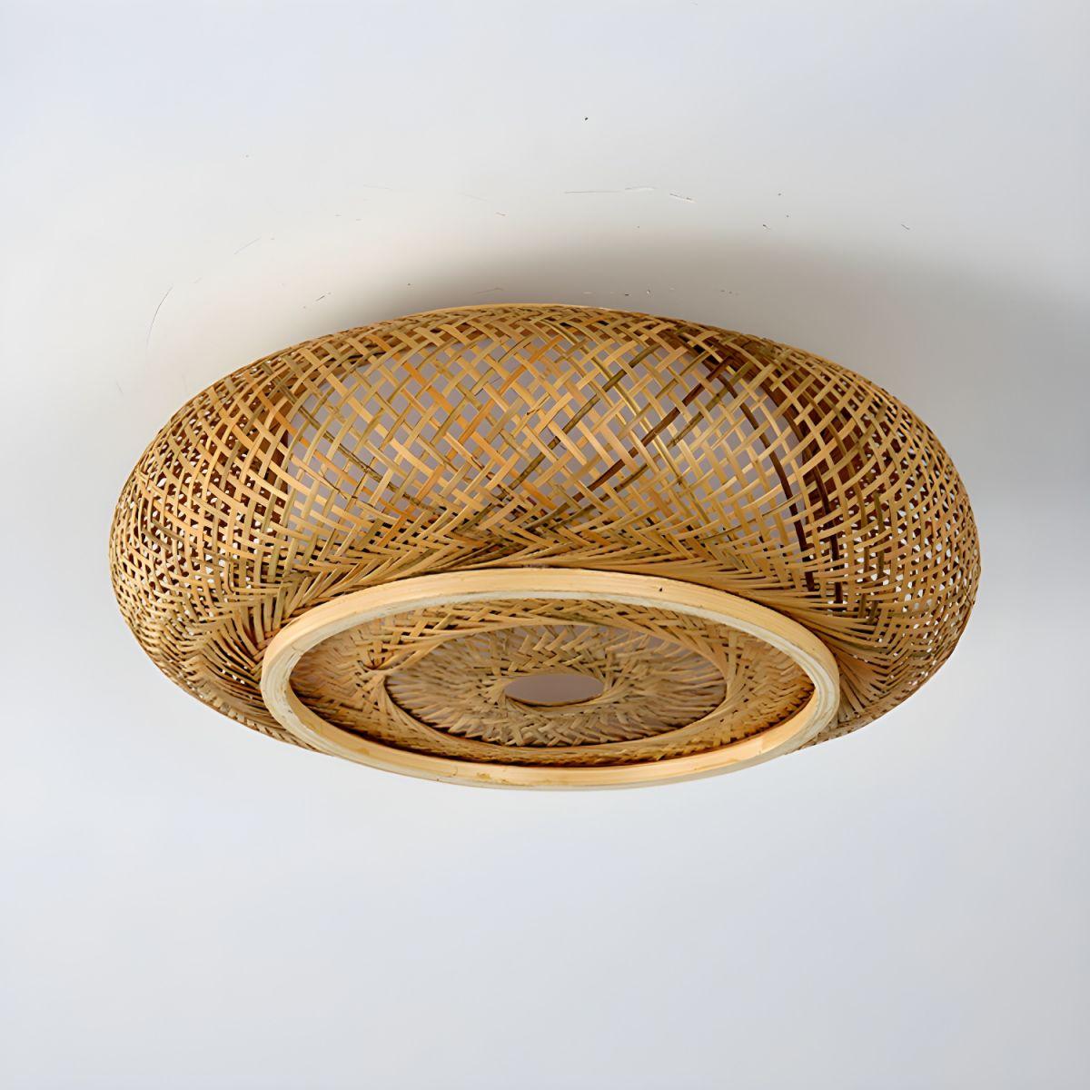 Front view of a structured woven natural fibre ceiling light