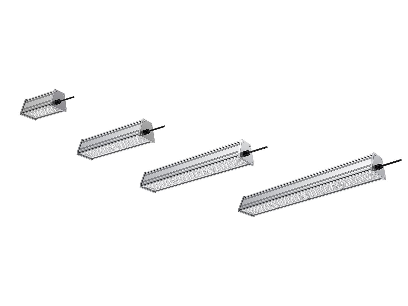 Production line linear lighting family with length and configuration variations.