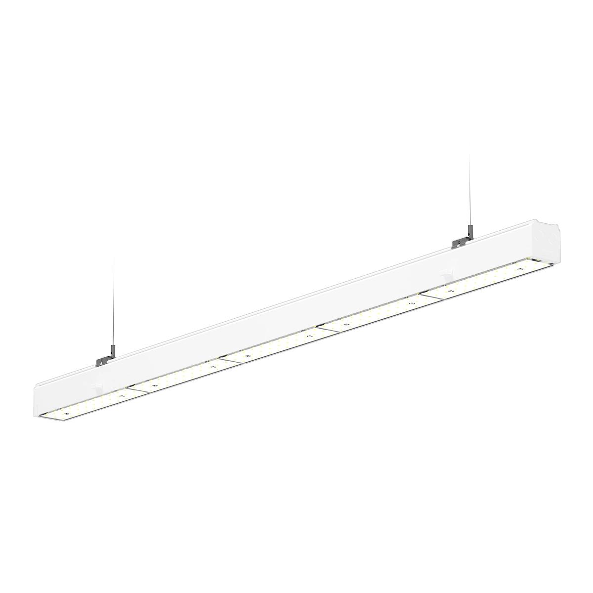 Front view of a suspended industrial linear light.