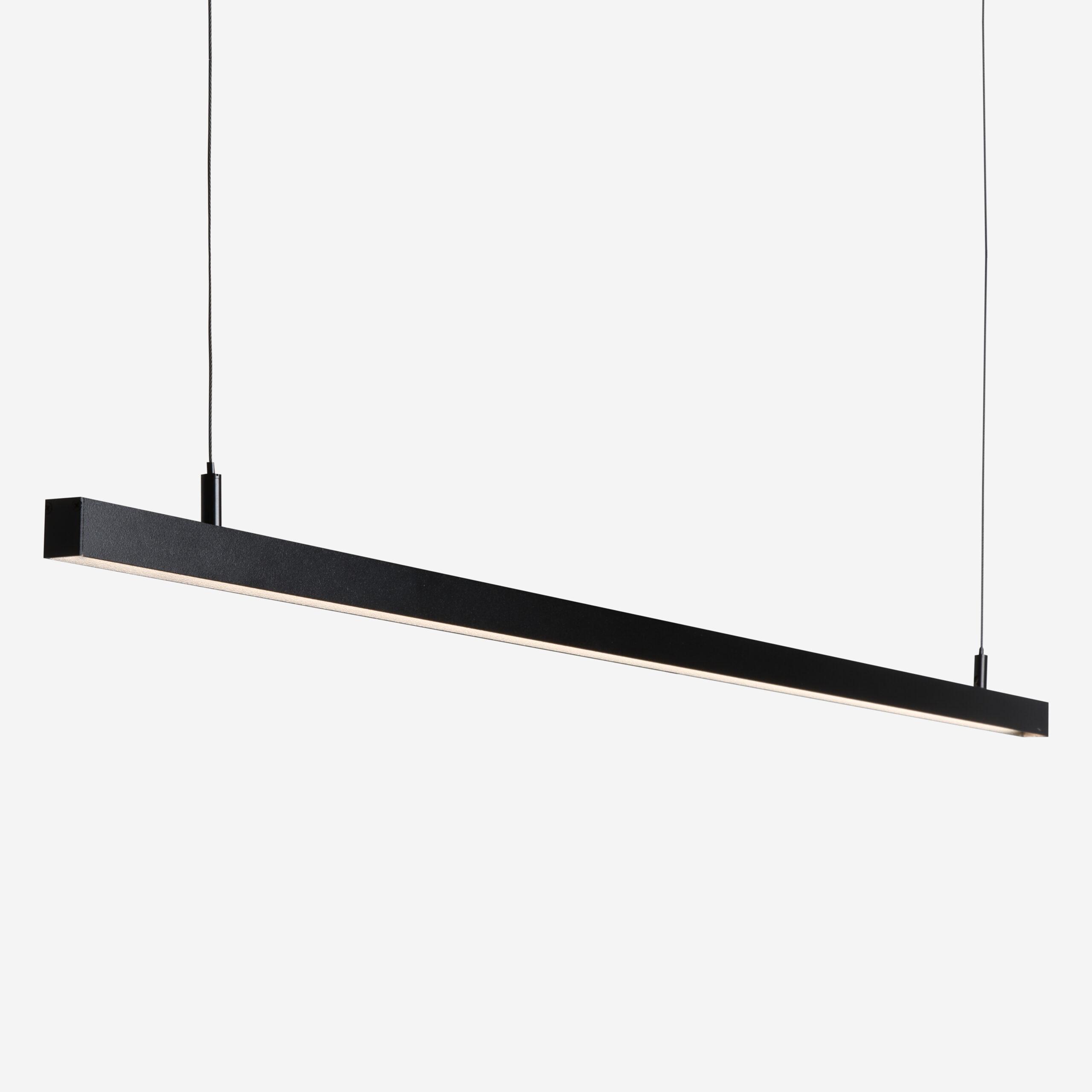 Front view of a contemporary linear pendant light for architectural interiors.