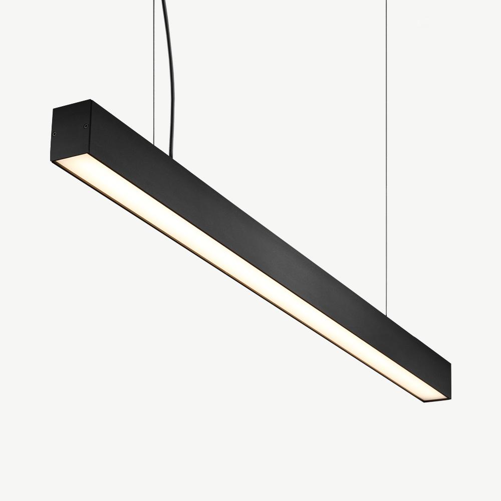 Front view of a contemporary linear pendant light for architectural interiors.
