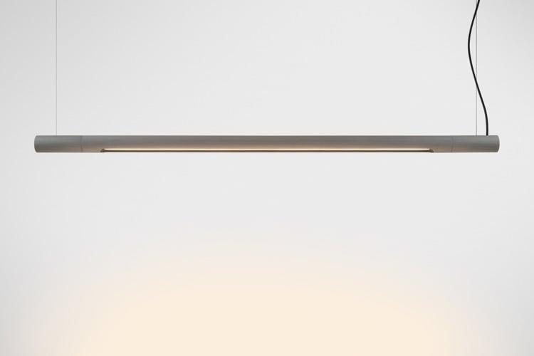 Front view of a contemporary linear pendant light for architectural interiors.