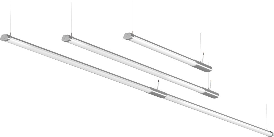 Linear pendant lighting family featuring multiple lengths and configurations.