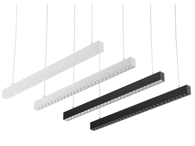 Linear pendant lighting family featuring multiple lengths and configurations.