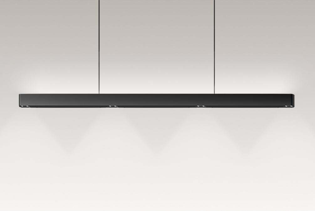 Front view of a contemporary linear pendant light for architectural interiors.