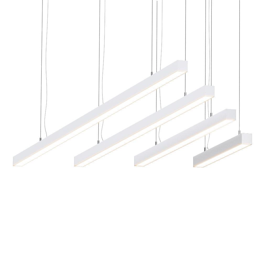 Linear pendant lighting family featuring multiple lengths and configurations.