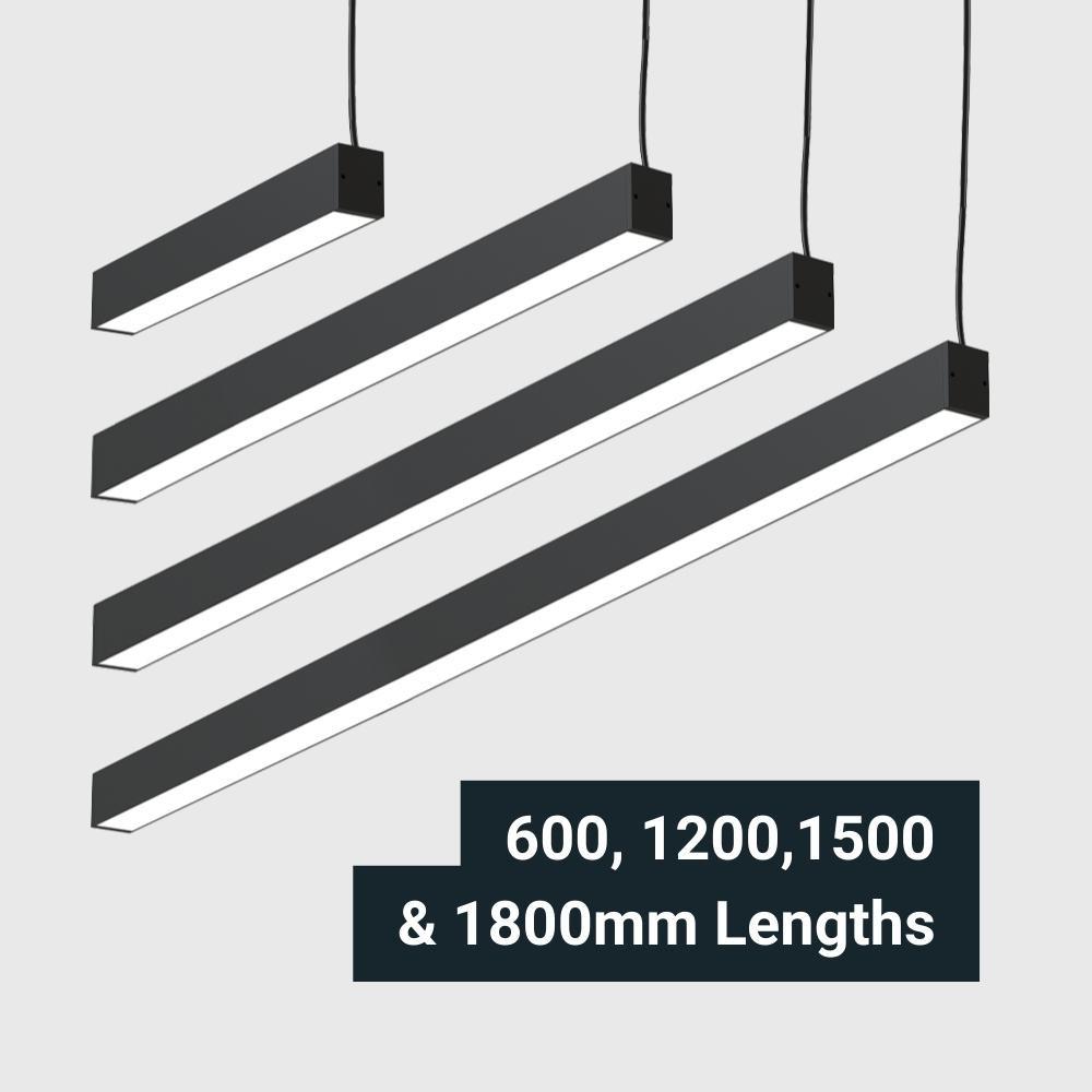 Linear pendant lighting family featuring multiple lengths and configurations.