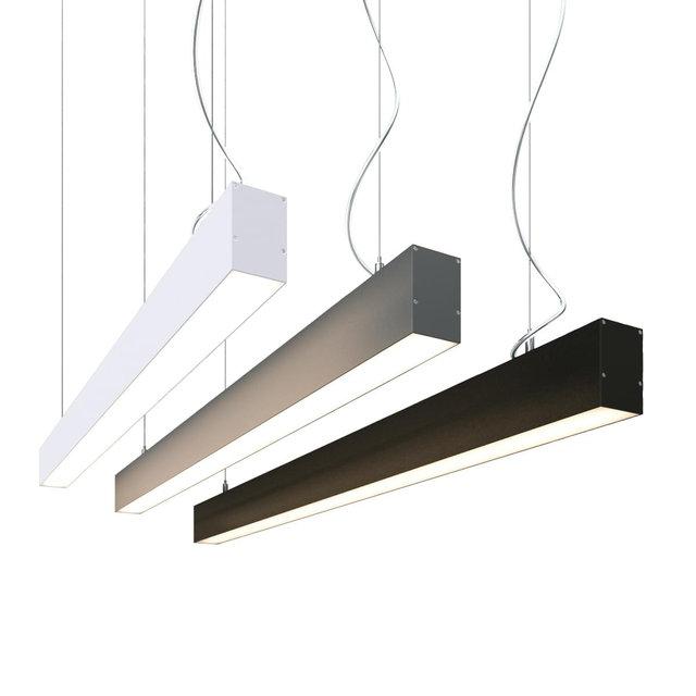 Linear pendant lighting family featuring multiple lengths and configurations.