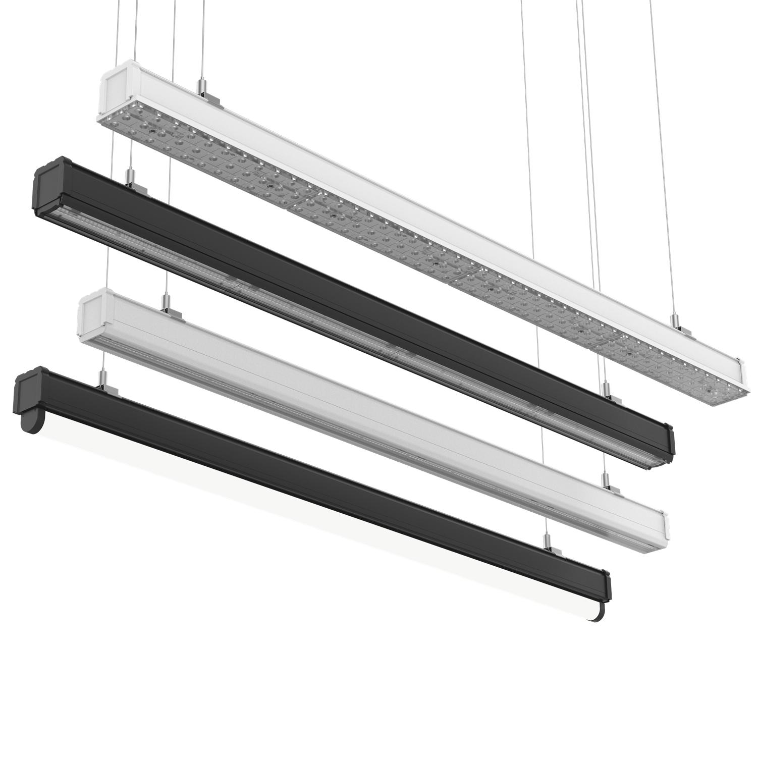 Linear pendant lighting family featuring multiple lengths and configurations.